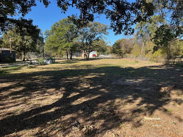 a view of a yard with large trees
