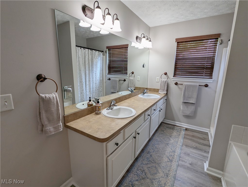37625 Sandy Ridge Drive North Ridgeville, OH 44039 - Photo 19 of 44 Bathroom with a textured ceiling, hardwood / wood-style flooring, and double vanity