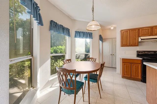a view of a dining room with furniture window and outside view