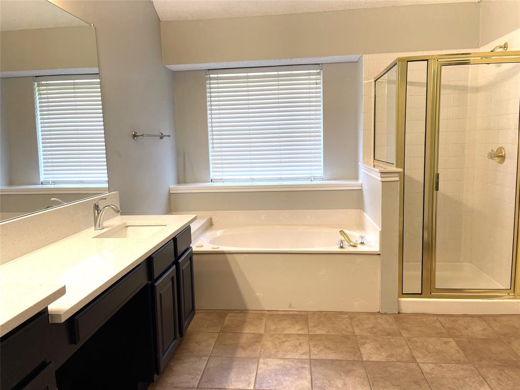 7961 King Arthur Road Frisco, TX 75035 - Photo 23 of 28 a bathroom with a granite countertop sink and a bathtub