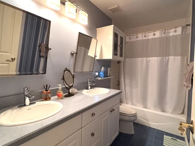 a bathroom with a double vanity sink toilet and shower
