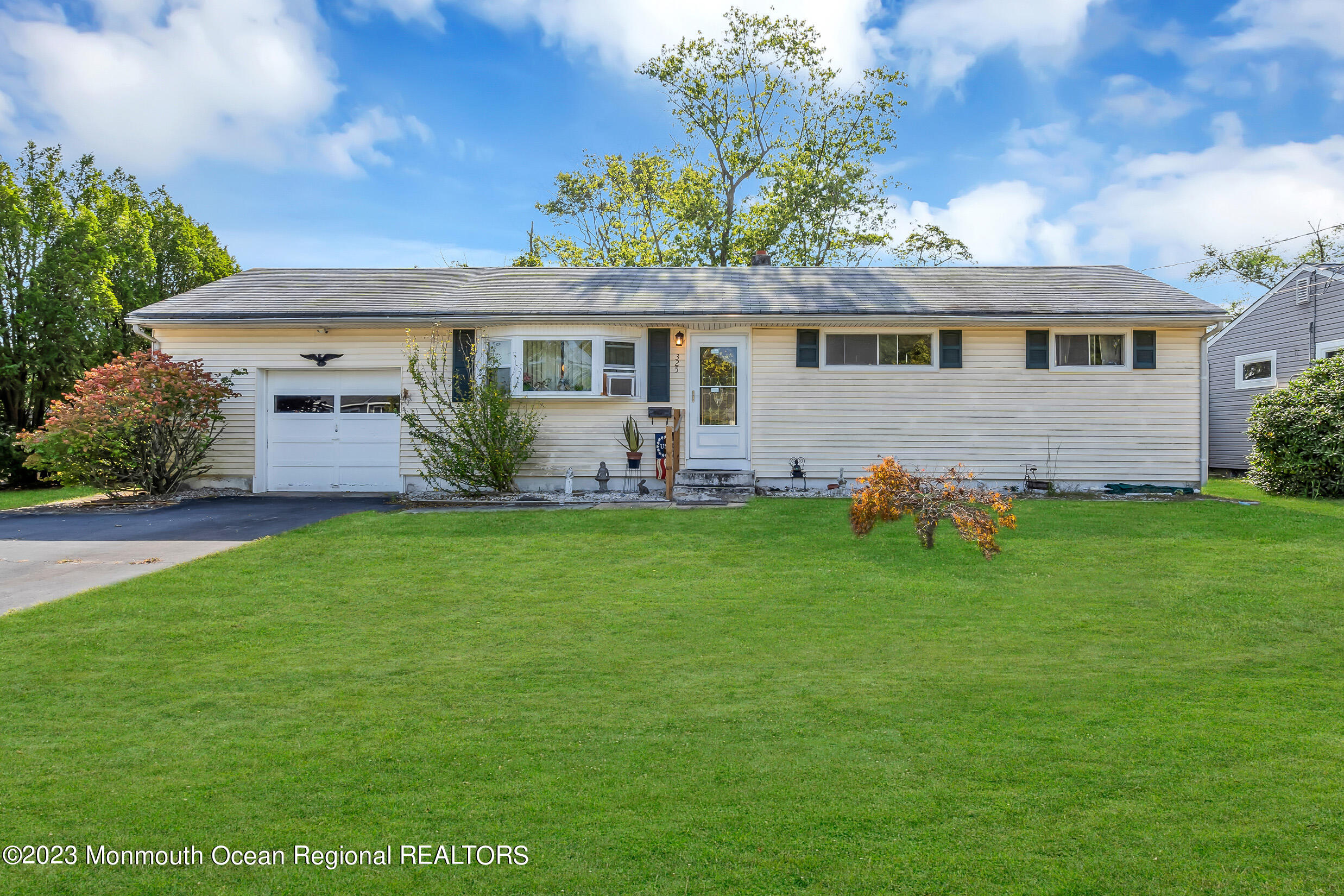 a front view of house with yard and green space