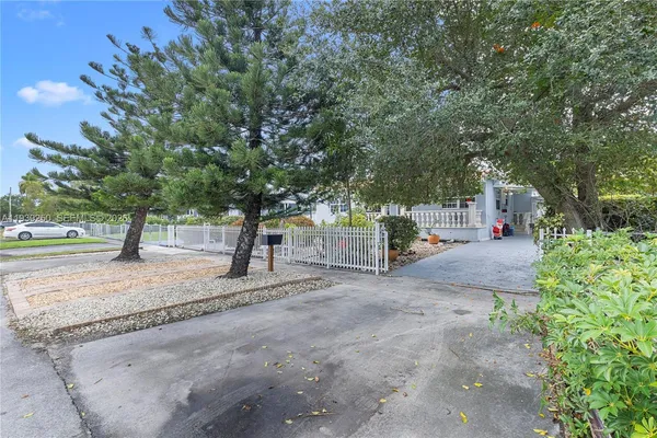 a view of a yard with plants and trees