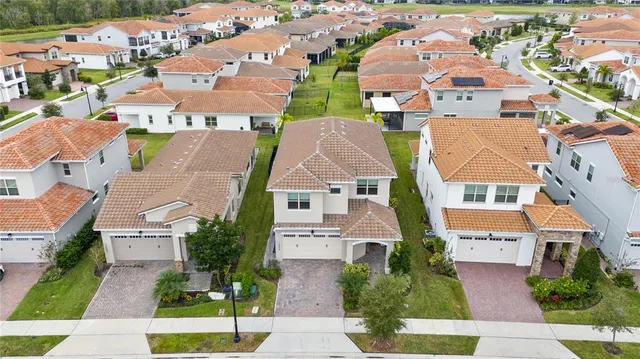 an aerial view of residential houses with outdoor space