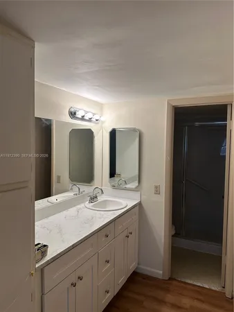 a bathroom with a sink and a mirror