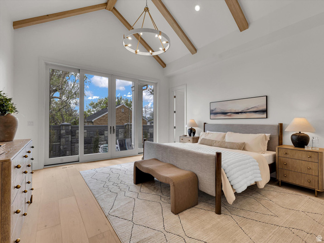 13216 Telemark Lane Draper, UT 84020 - Photo 11 of 41 Bedroom featuring light wood-style floors, access to outside, lofted ceiling, and suspended lighting