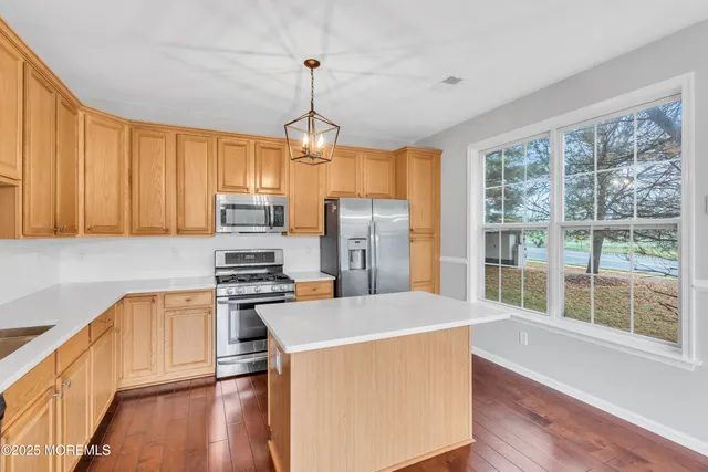 a kitchen with stainless steel appliances a stove top oven a refrigerator a sink and dishwasher with wooden floor