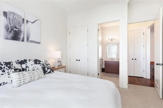 a bedroom with a bed and walk in closet