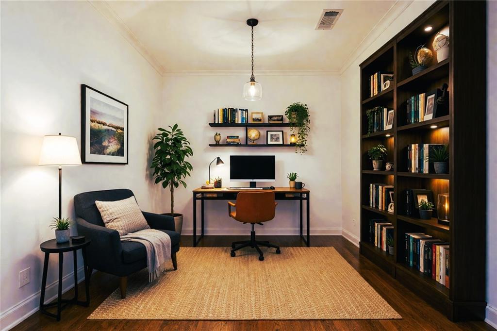 360 Chambers Street, Unit 208 Woodstock, GA 30188 - Photo 6 of 46 a living room with furniture a bookshelf and a flat screen tv