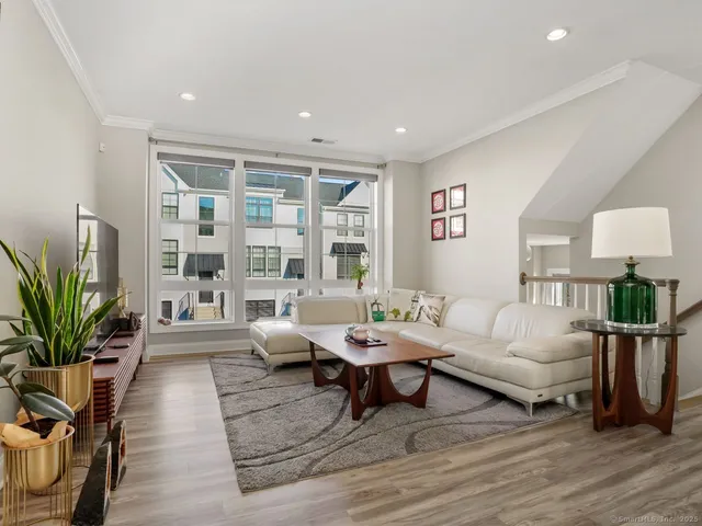 a living room with furniture and a potted plant with wooden floor