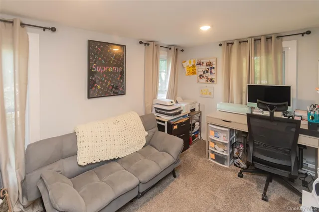a view of backyard with potted plants and large tree