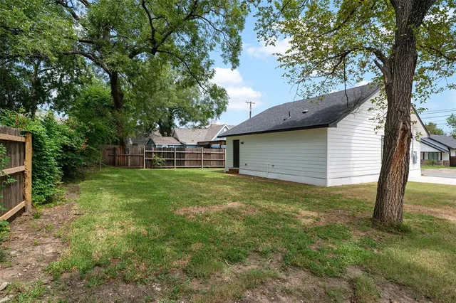 a view of a backyard with a tree