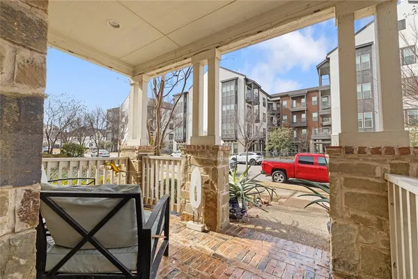 a city view with a seating space