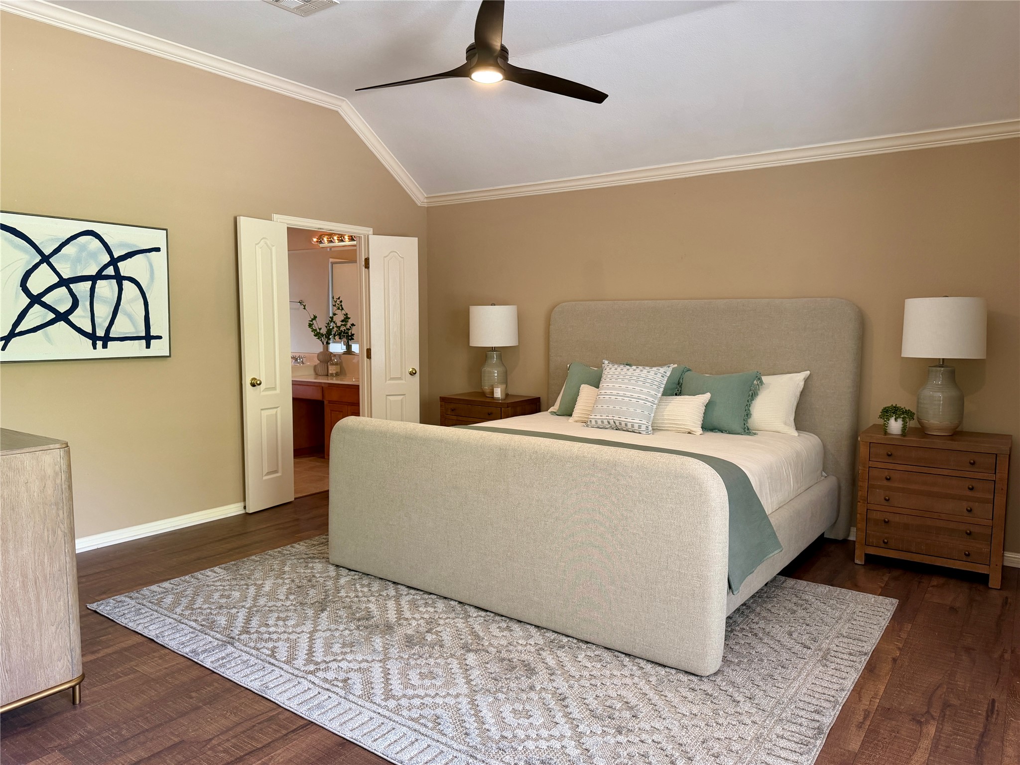 8024 Cobblestone Austin, TX 78735 - Photo 11 of 27 a bedroom with a bed and wooden floor