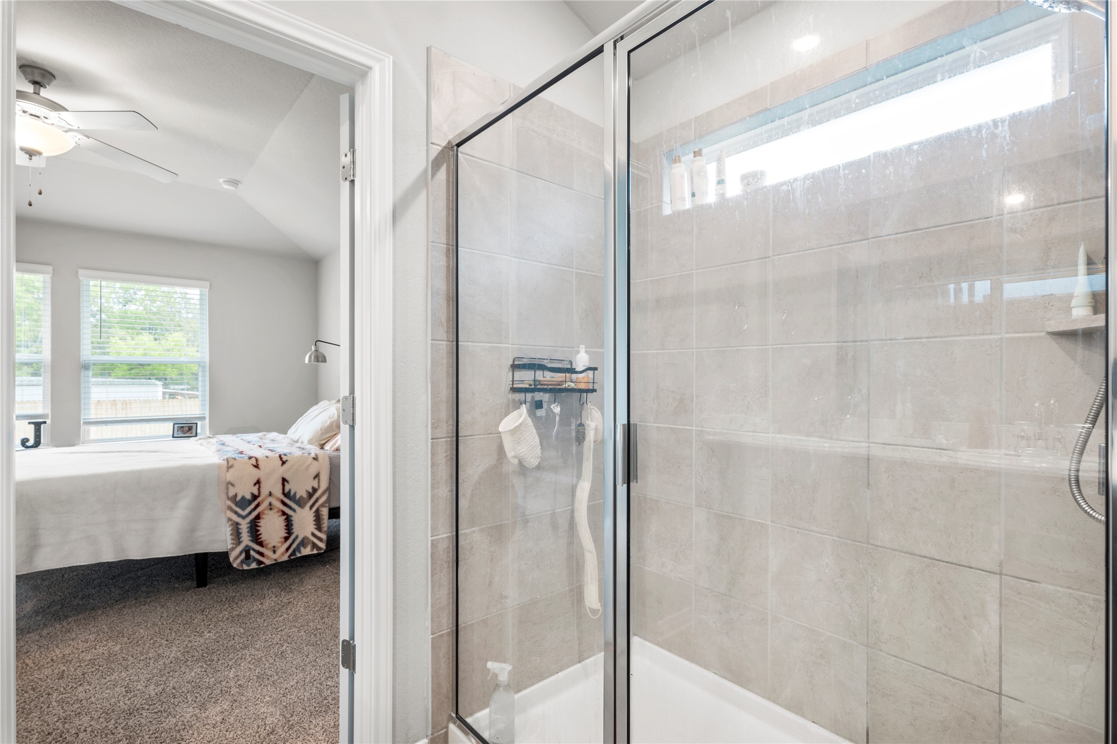 11701 Copperstone Avenue Austin, TX 78748 - Photo 19 of 29 Full bathroom with plenty of natural light, ensuite bathroom, carpet flooring, and a shower stall