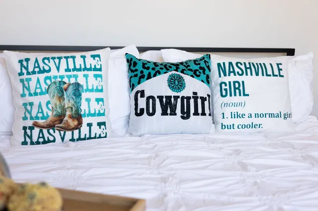 a bedroom with a bed and a table