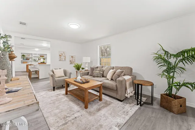 a living room with furniture potted plant and a window