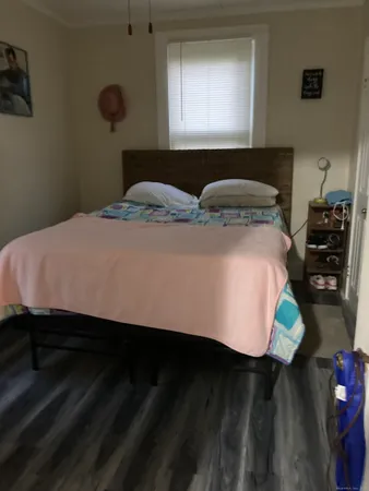 a bedroom with a bed and a potted plant on dresser