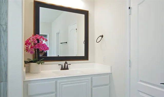 a bathroom with a sink vanity and a mirror