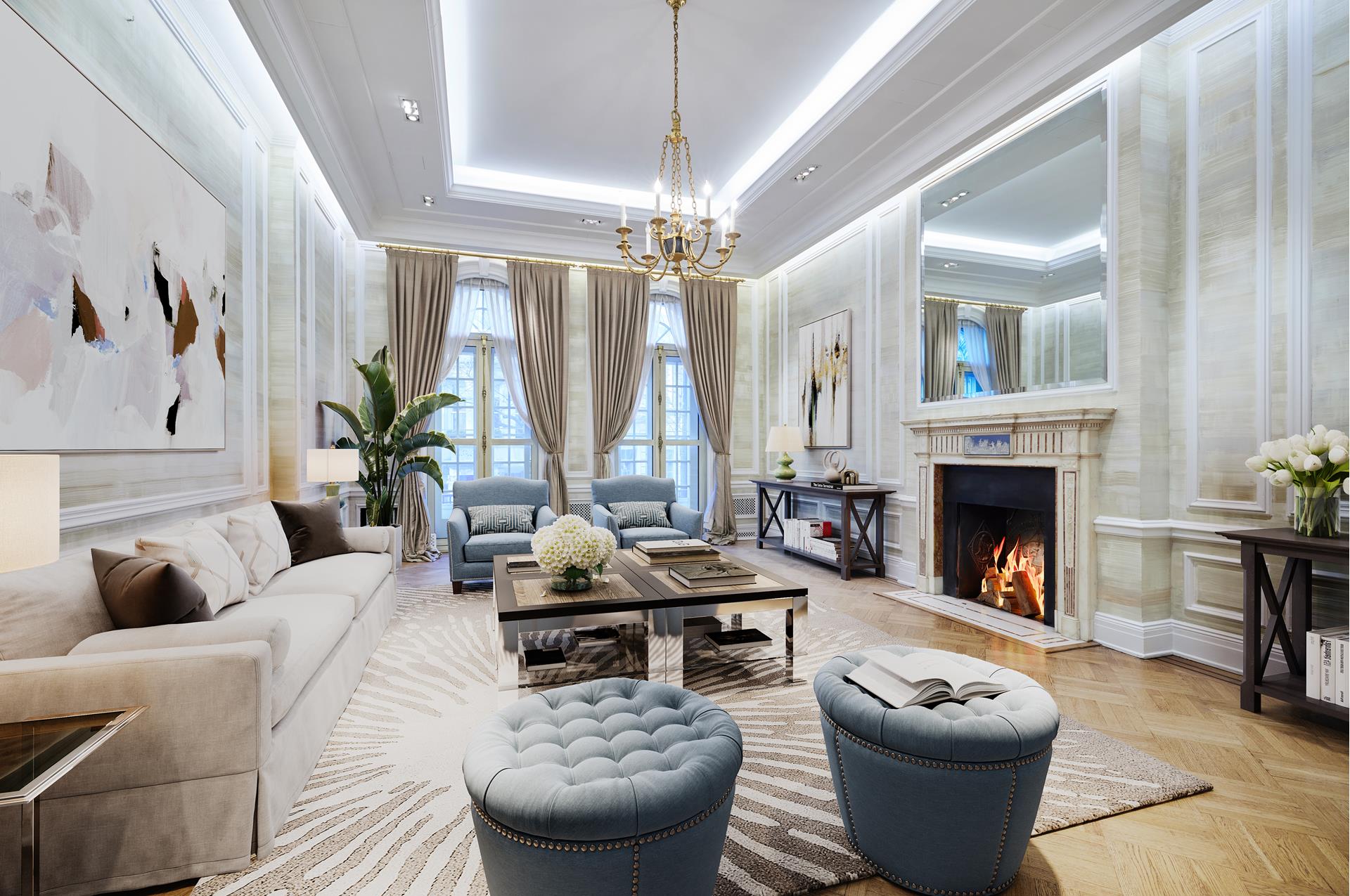 16 East 76th Street Manhattan, NY 10021 - Photo 4 of 12 a living room with furniture a fireplace and a chandelier