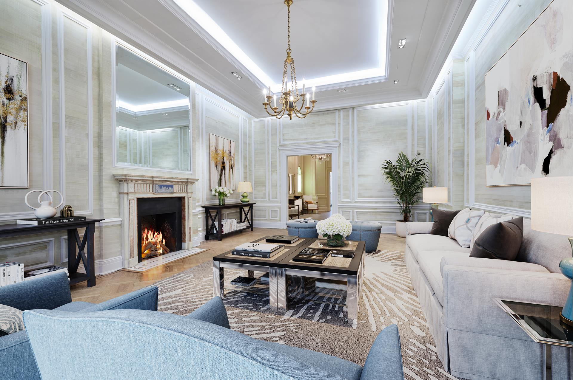 16 East 76th Street Manhattan, NY 10021 - Photo 5 of 12 a living room with furniture a fireplace and a chandelier