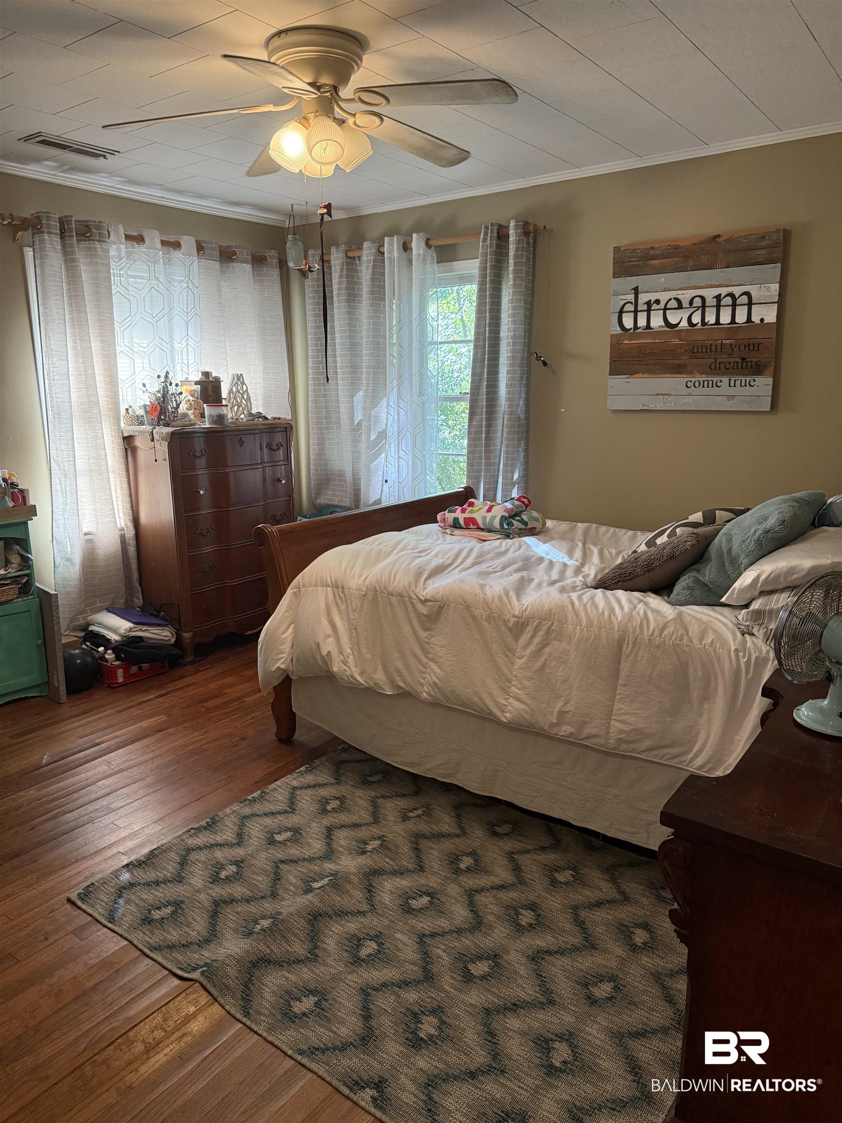 22173 1st Street Silverhill, AL 36576 - Photo 7 of 16 Bedroom with crown molding, hardwood / wood-style floors, and ceiling fan