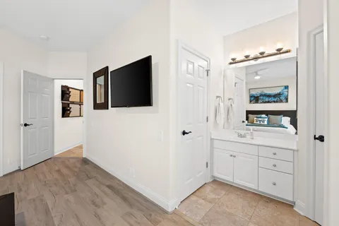 a view of a livingroom with wooden floor