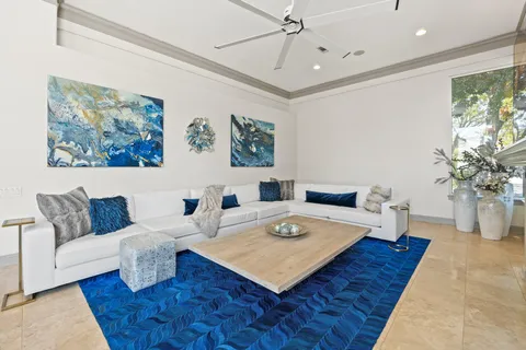 a living room with furniture and a potted plant