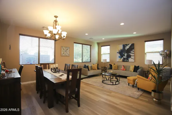 a view of a dining room with furniture