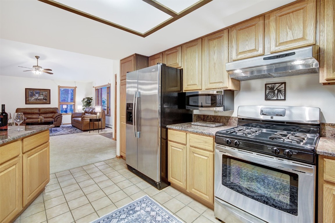 3824 Ski Hill Road Breckenridge, CO 80424 - Photo 16 of 47 a kitchen with stainless steel appliances granite countertop a stove a refrigerator and a refrigerator