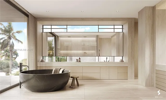 a living room with a large window and a table