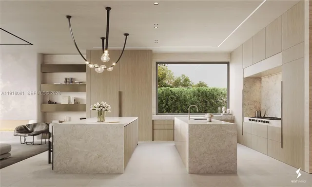 a living room with furniture a chandelier and a large window
