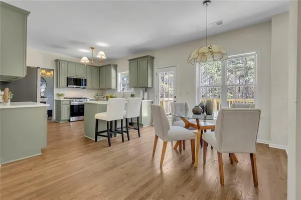 a view of a dining room with furniture and wooden floor