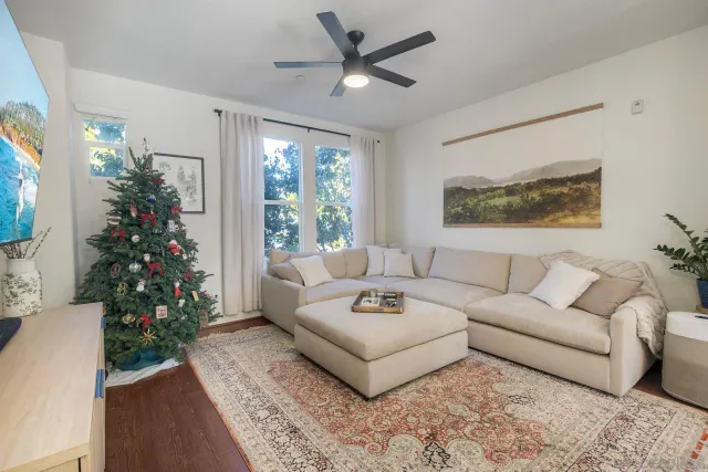 a living room with furniture and a christmas tree