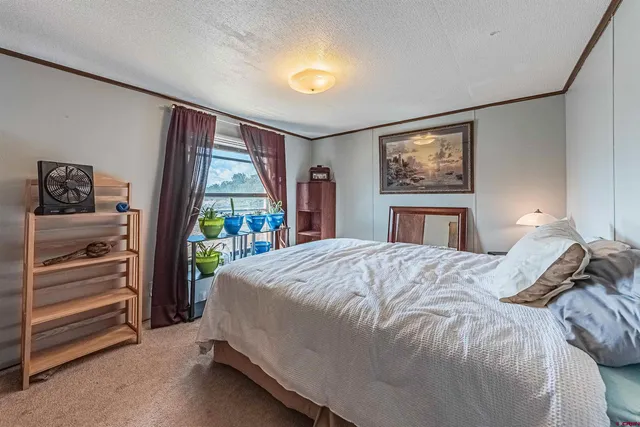 a bedroom with a bed and a dresser next to a window