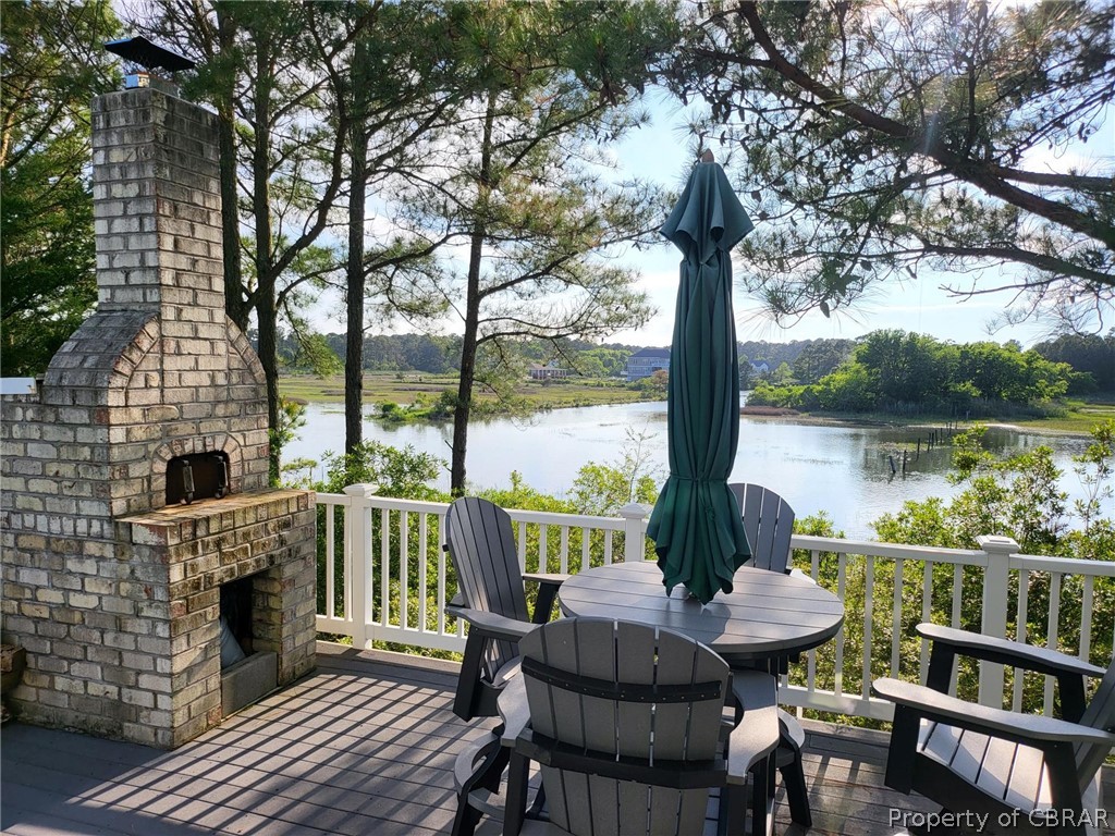 32 Riley's Way Hampton, VA 23664 - Photo 44 of 50 Wooden deck featuring an outdoor brick fireplace and a water view