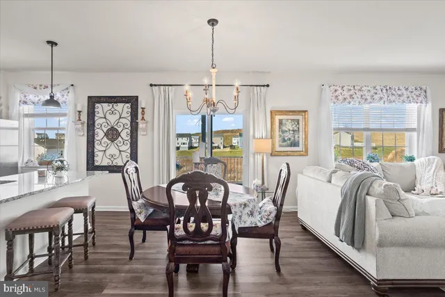 a view of a dining room with furniture window and outside view