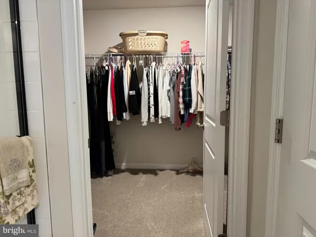 a view of walk in closet with clothes