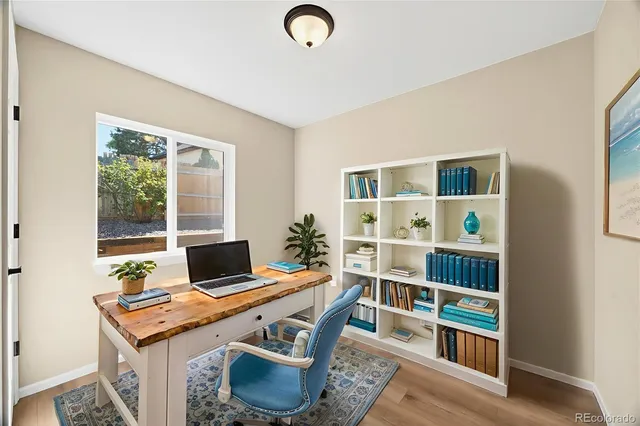 a view of workspace with wooden floor and shelf