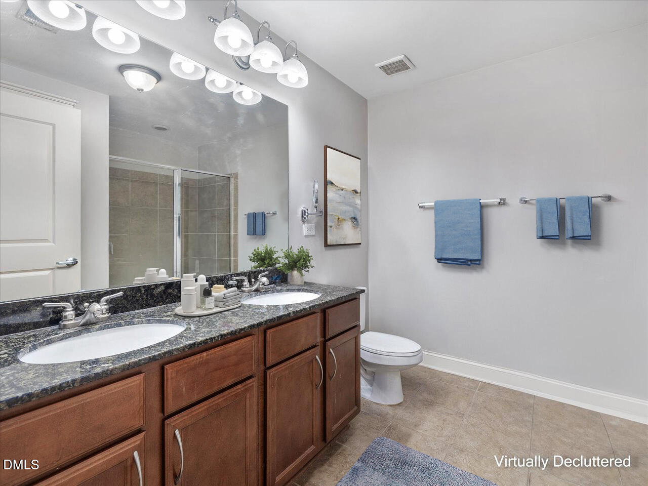 222 Glenwood Avenue, Unit 304 Raleigh, NC 27603 - Photo 16 of 23 a bathroom with a granite countertop sink a toilet and a mirror