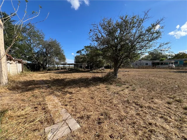 a view of backyard with green space and porch