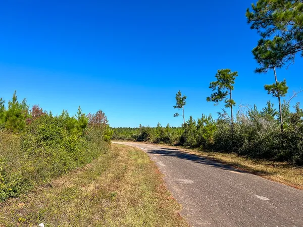 a view of a road with a building in the background