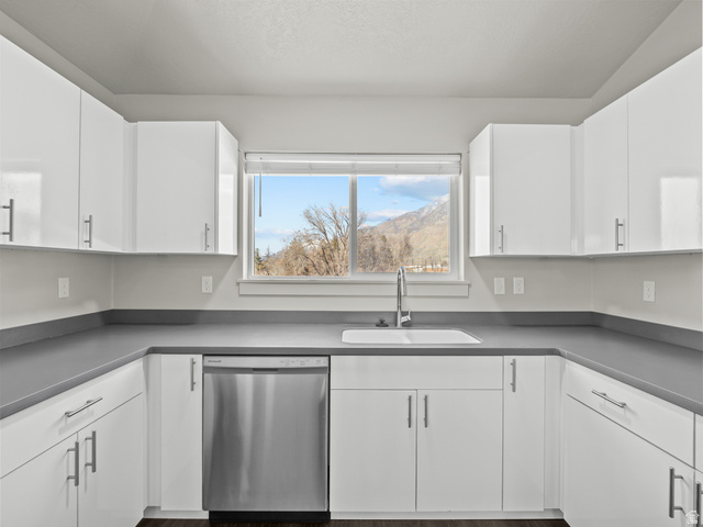 64 West 600 South, Unit C301 Springville, UT 84663 - Photo 17 of 40 Kitchen with stainless steel dishwasher, white cabinetry, and dark countertops