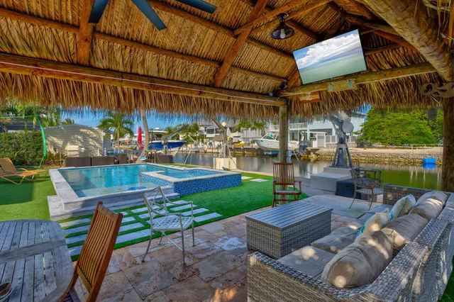 a view of a backyard with sitting area