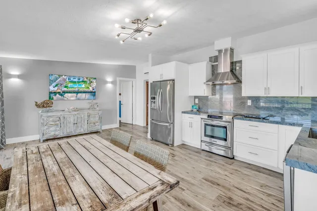 a large white kitchen with cabinets