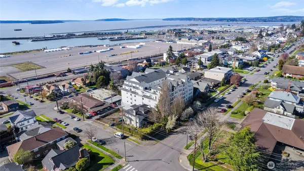 a view of a city and ocean view