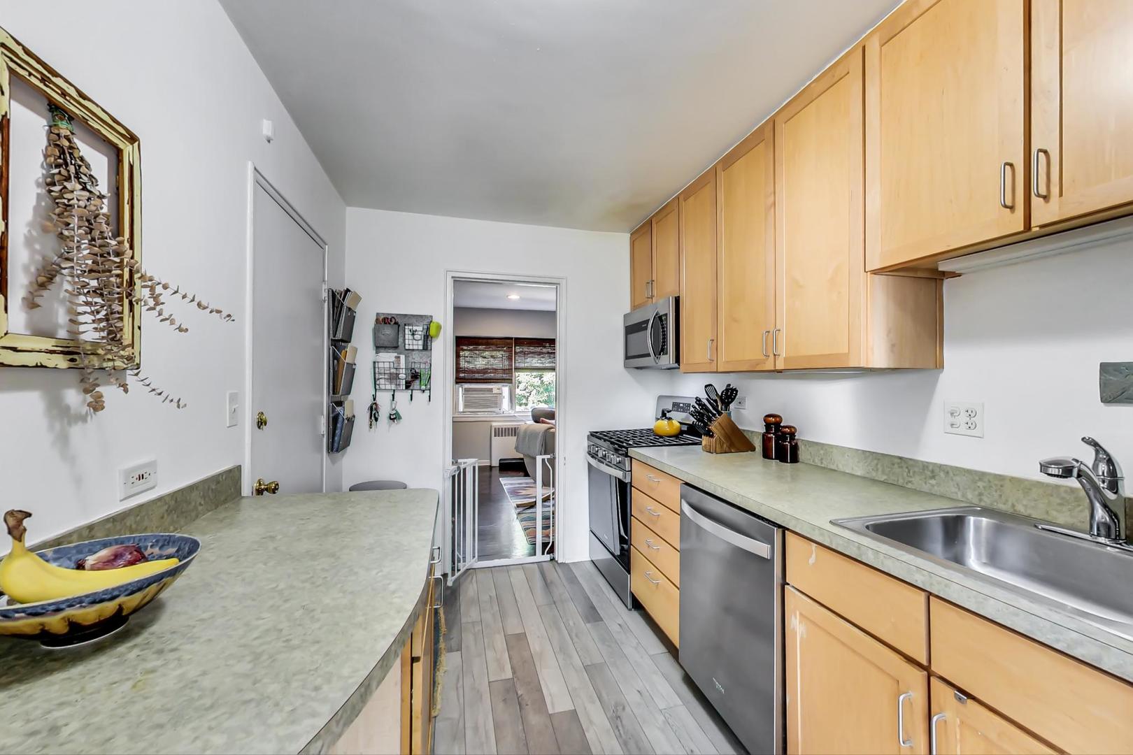 205 Custer Avenue, Unit 3 Evanston, IL 60202 - Photo 7 of 12 a kitchen with stainless steel appliances granite countertop a sink stove refrigerator and cabinets