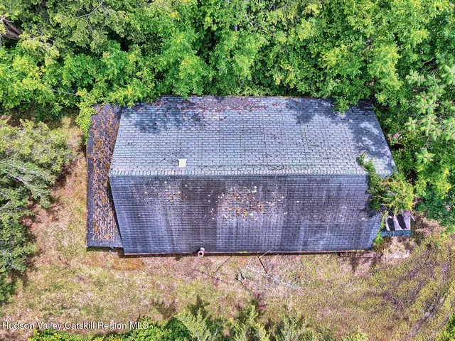 a view of a lush green forest with houses