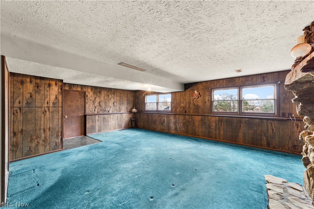 18763 Sharon Road Chagrin Falls, OH 44023 - Photo 26 of 37 Family room featuring wooden walls, carpet, and a textured ceiling