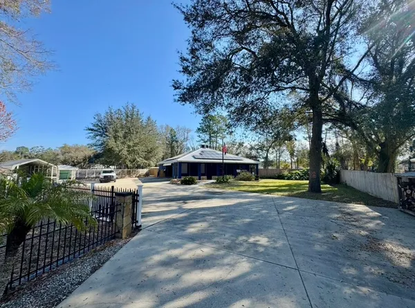 a view of a swimming pool and trees in the background